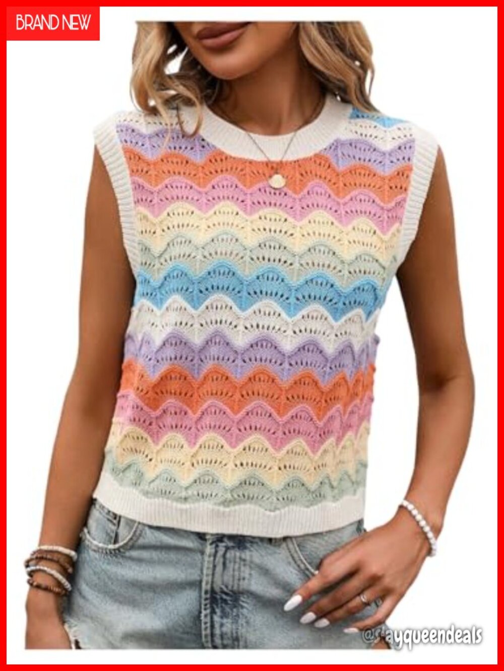 Women's Striped Knit Sweater Vest Lightweight Sleeveless Pointelle Crew Neck